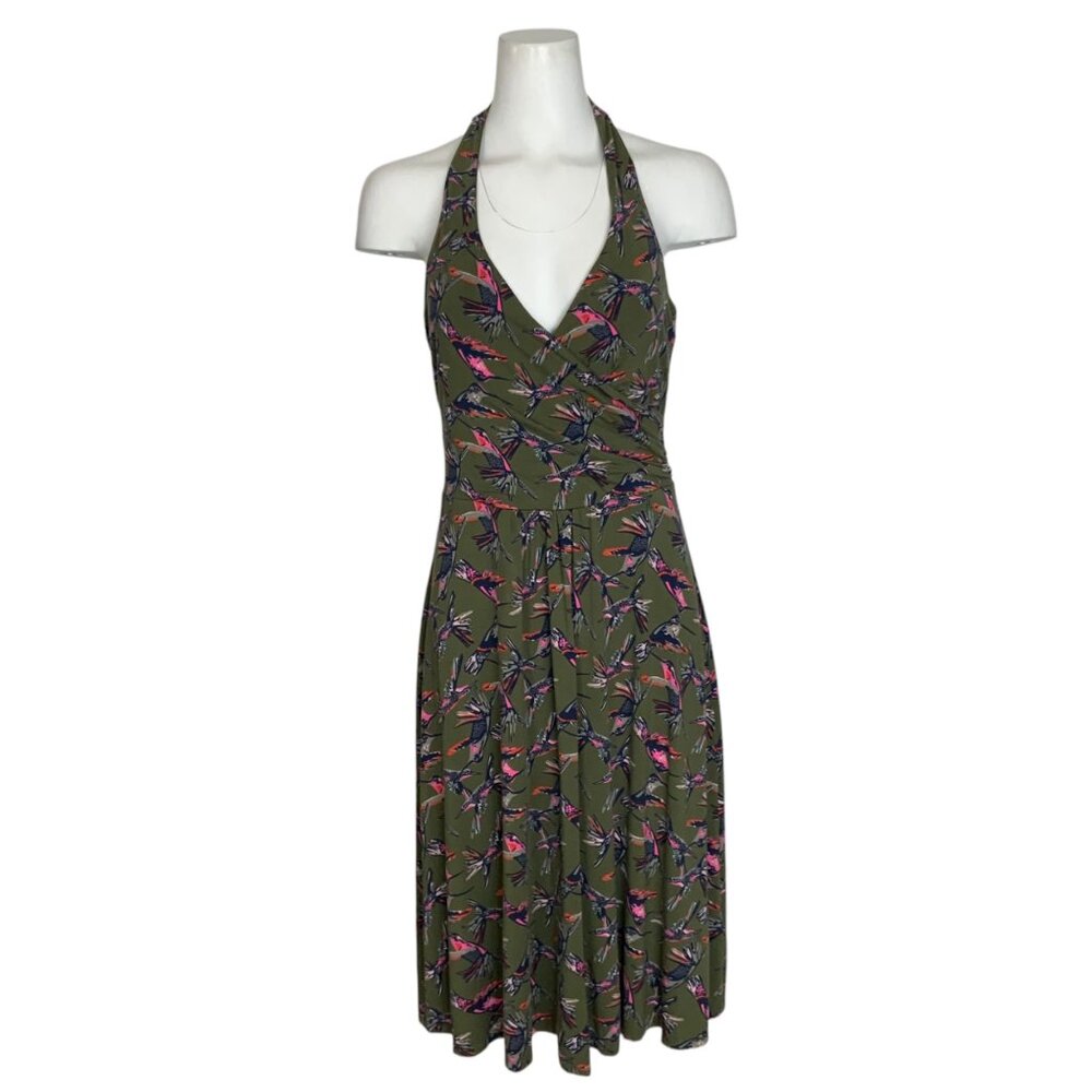 Boden Olive Green Floral Halter Midi Dress with Pink & Navy Accents